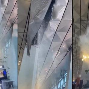 Şiddetli yağış y&uuml;z&uuml;nden havalimanı &ccedil;atısı &ccedil;&ouml;kt&uuml;