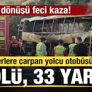 Yolcu otob&uuml;s&uuml; bariyerlere &ccedil;arpıp yandı: 8 kişi &ouml;ld&uuml;, 33 kişi yaralandı