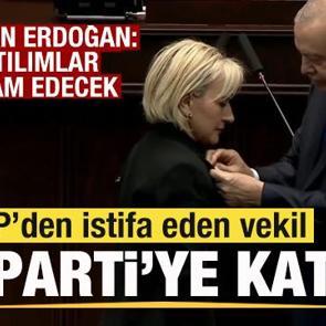 CHP'den istifa eden Nimet &Ouml;zdemir AK Parti'ye katıldı! Rozetini Erdoğan taktı