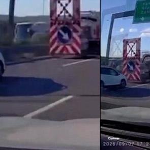 Koskoca uyarı levhasını g&ouml;rmedi akılalmaz kaza kamerada