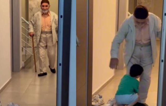 Dede sevgisiyle yerinde duramadı: Minik &ccedil;ocuk ayaklarına kapanarak sevgisini b&ouml;yle g&ouml;sterdi