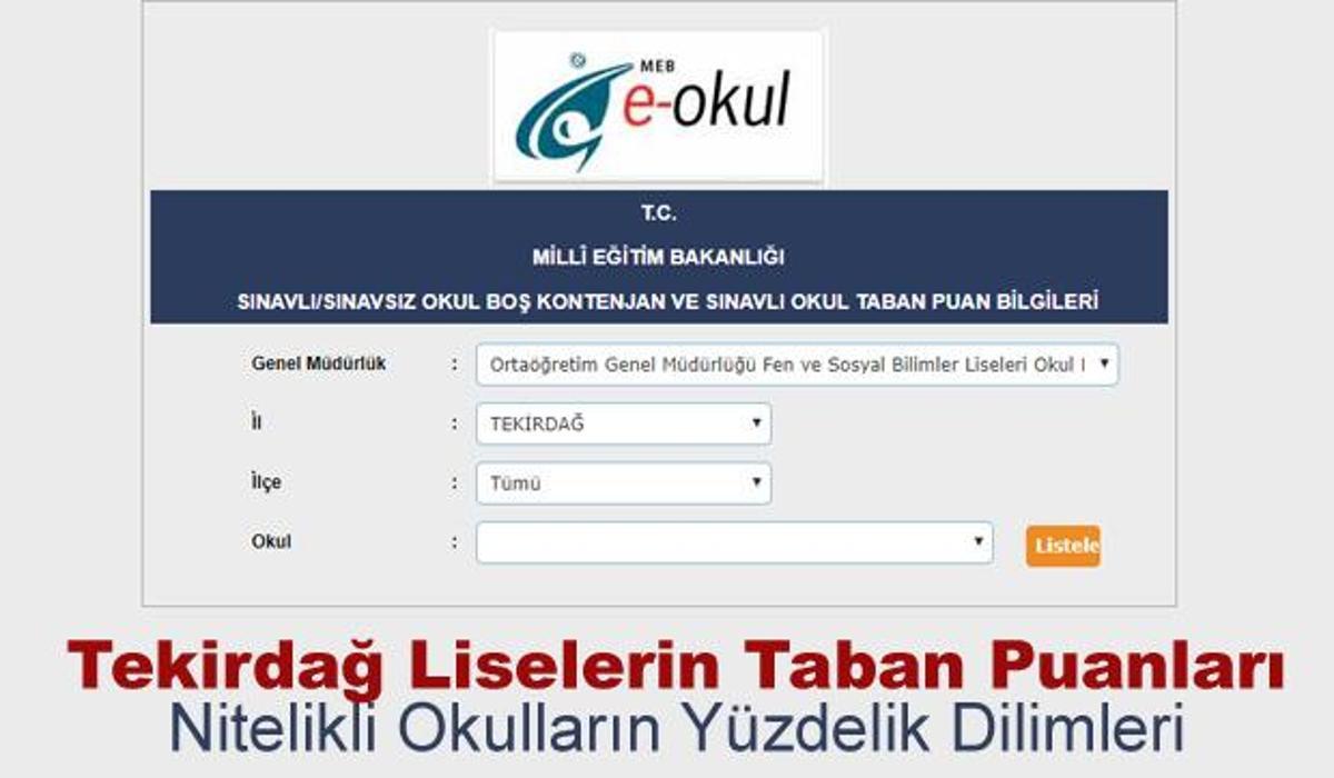 tekirdag liseleri kontenjan ve taban puanlari meb 2019 yuzdelik dilimleri egitim haberleri