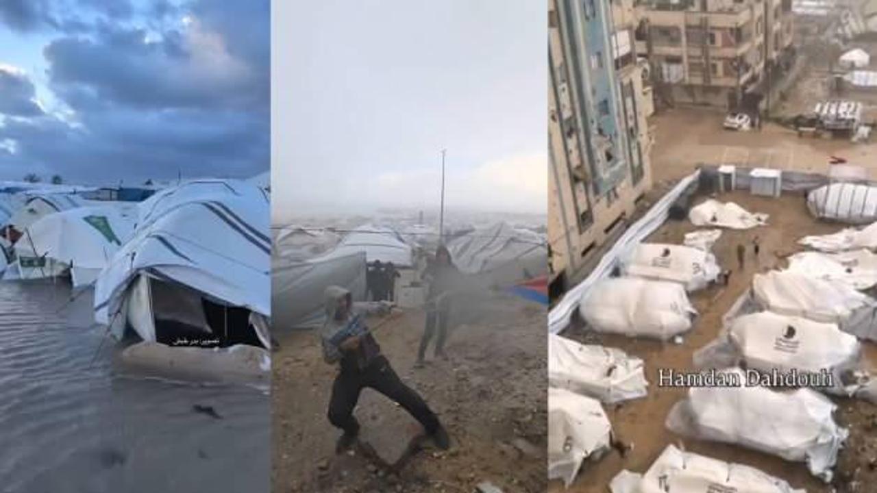 Gazze'de şiddetli rüzgar ve yağmur nedeniyle yerinden edilmiş Filistinlilerin çadırları sular altında kaldı
