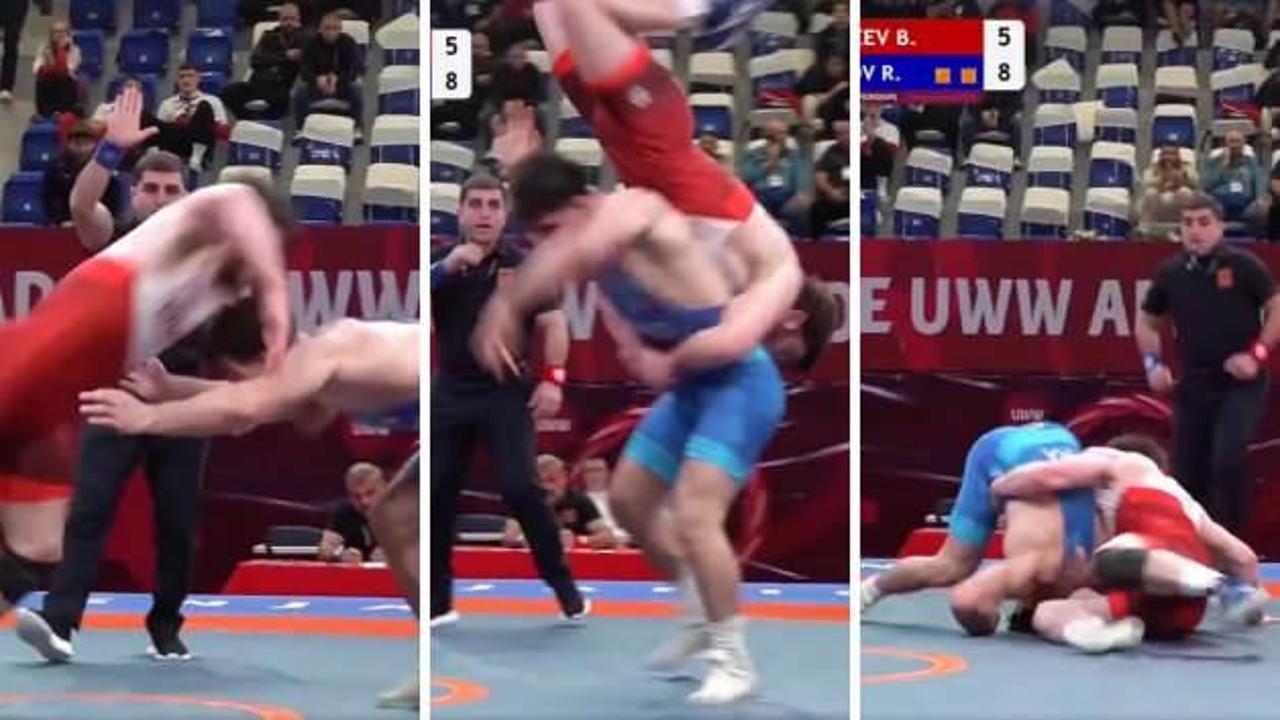 Rus güreşçiden yenilmek üzere olduğu mücadeleyi son saniyede “Uçan sincap” hareketiyle kazandı