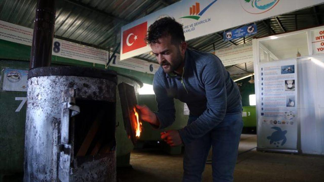 Yaralı kaplumbağalar odun sobasıyla ısınıyor