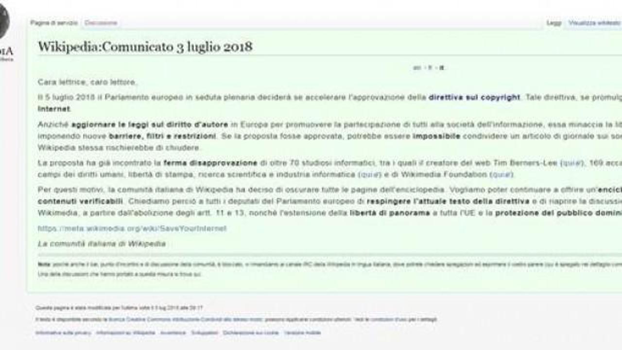 Wikipedia Avrupa Birliği'ni protesto ediyor!
