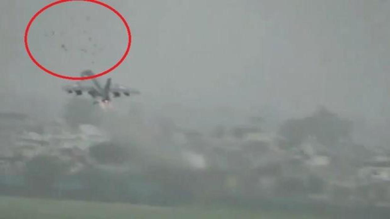 Savaş uçağı kuş sürüse çarptı bombaları piste attı!