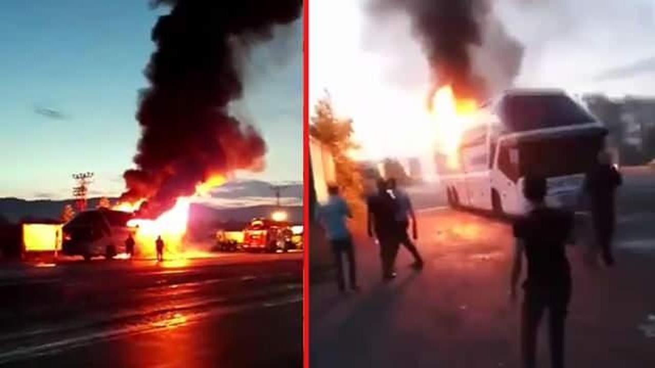 Arızalanan yolcu otobüsü tamirhane önünde yandı 