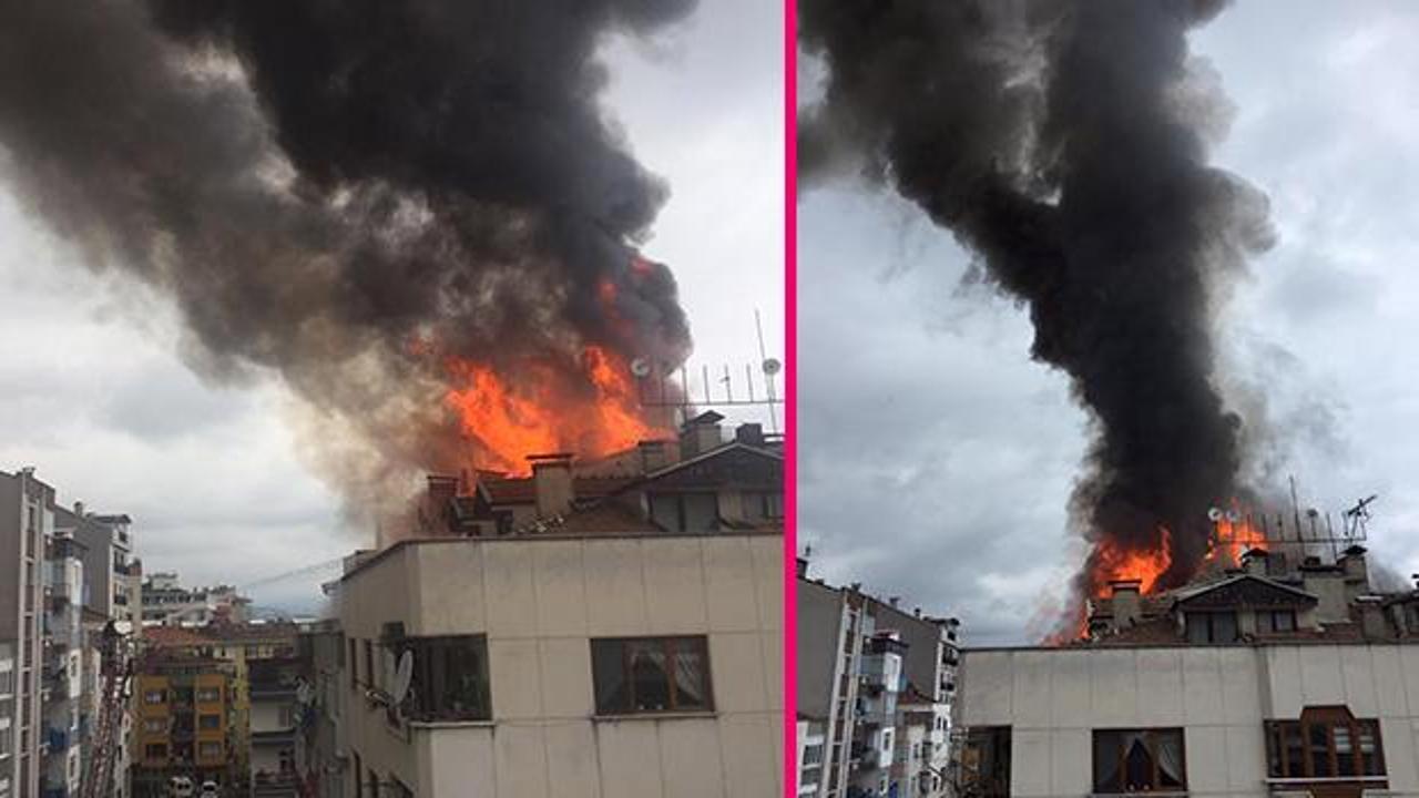 Trabzon’da 6 katlı binanın çatısında korkutan yangın