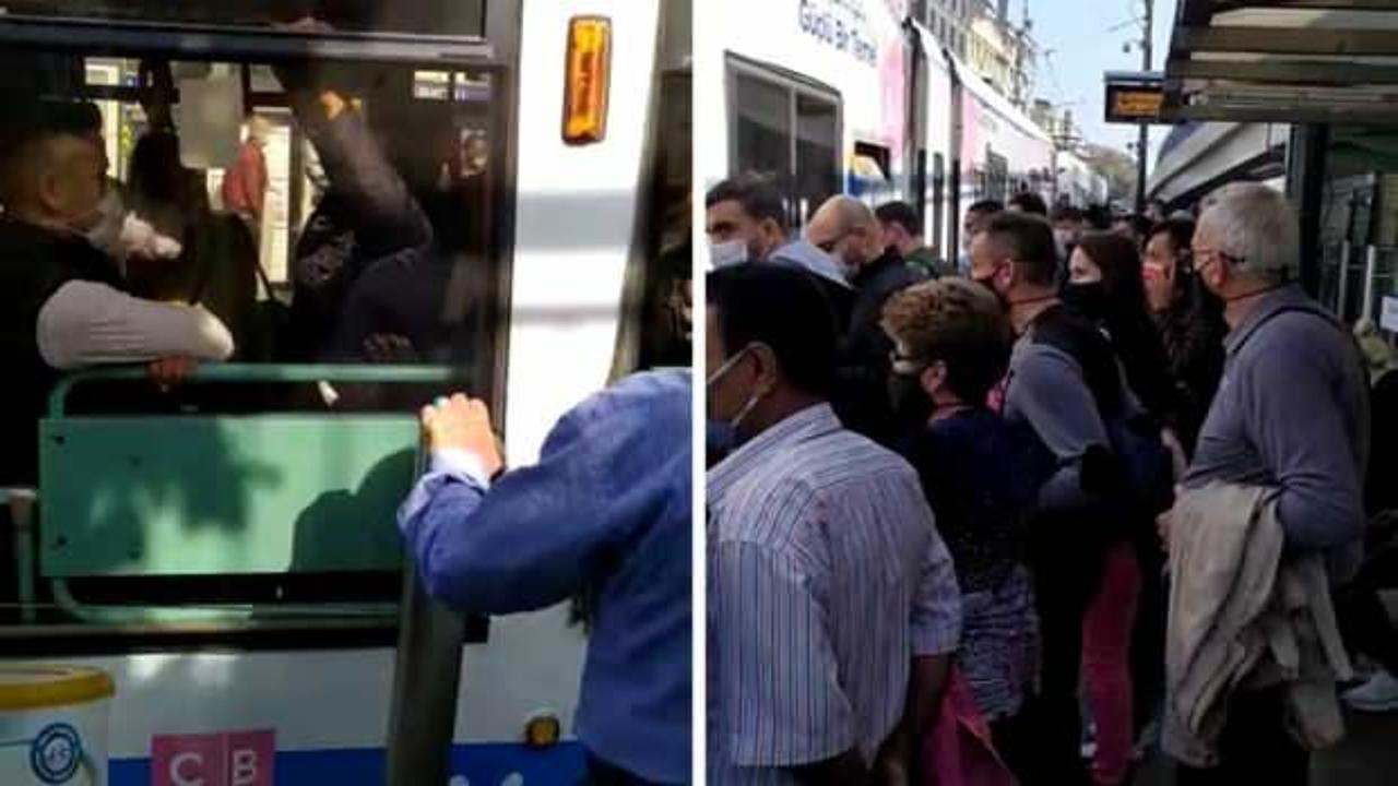 İstanbul'da tramvay durağında aşırı yoğunluk!