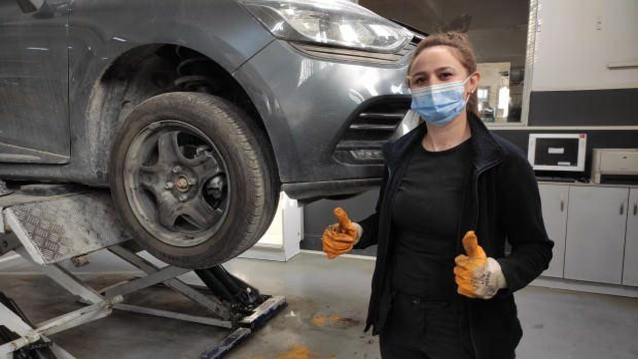 18 yıldır araba tamir ustası olan 25 yaşındaki genç kadın Burcu Aşkın görenleri şaşırtıyor