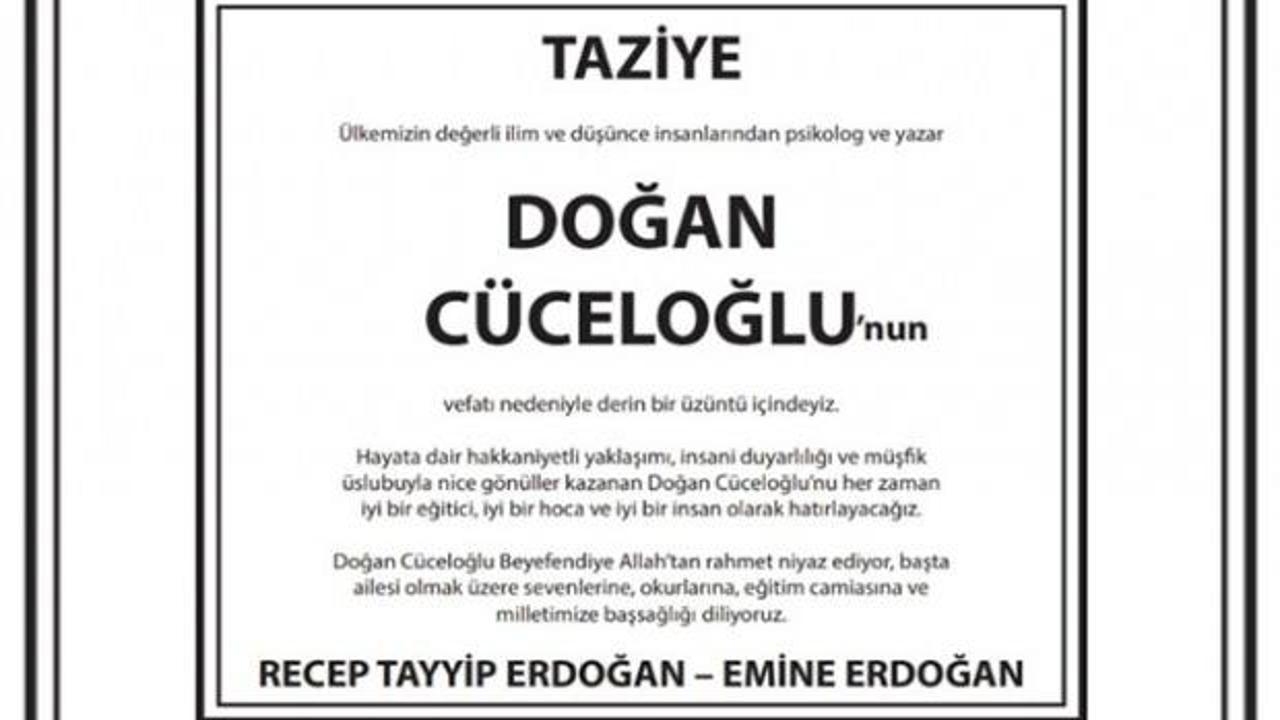 Erdoğan çiftinden Doğan Cüceloğlu için taziye ilanı