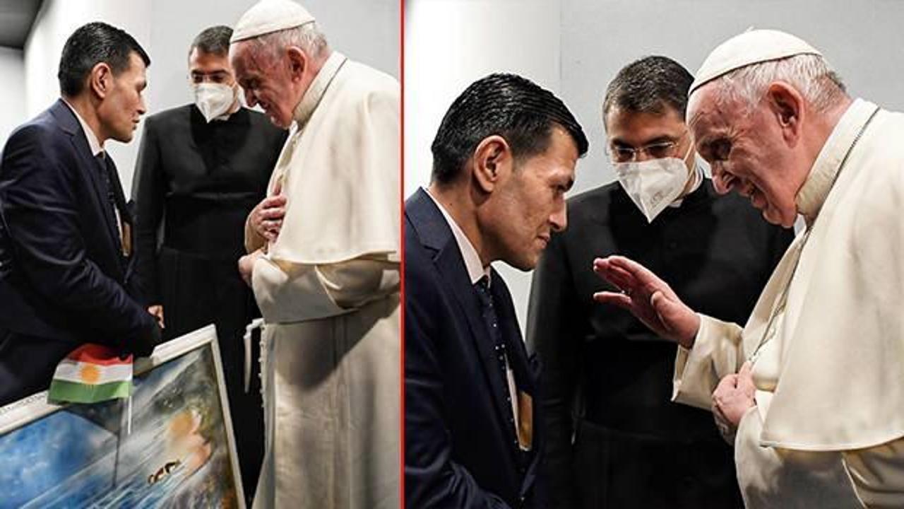 Erbil'i ziyaret eden Papa Francis'e Aylan Kurdi'nin babası tablo hediye etti