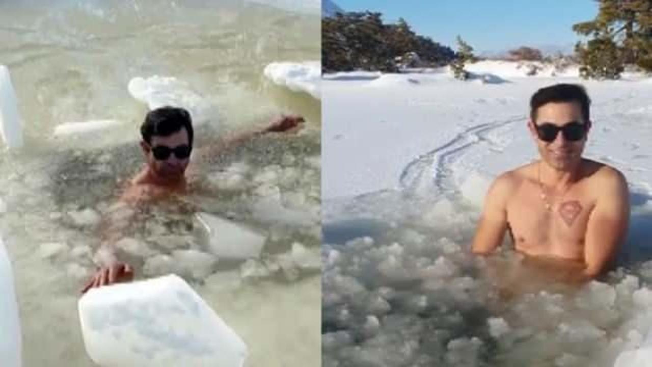 Doğa sevdalısı Amanos Dağları&rsquo;nın zirvesinde buzlu suya girdi