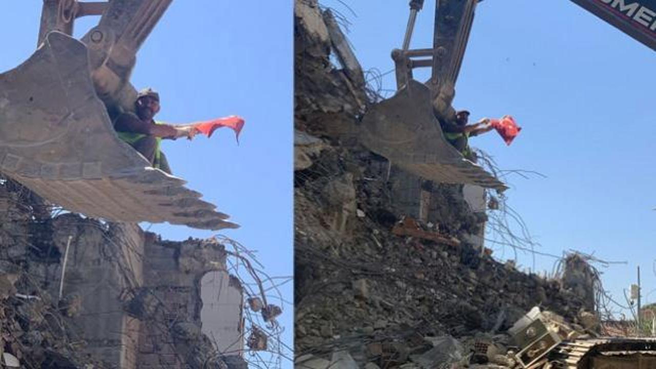 G&ouml;renlerin i&ccedil;ini ısıttı! Enkazın arasından T&uuml;rk bayrağını &ccedil;ıkardı