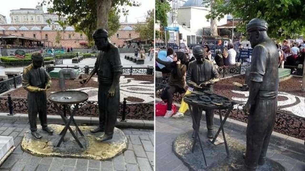 Emin&ouml;n&uuml;'nde simit&ccedil;i heykelindeki simitleri &ccedil;aldılar!