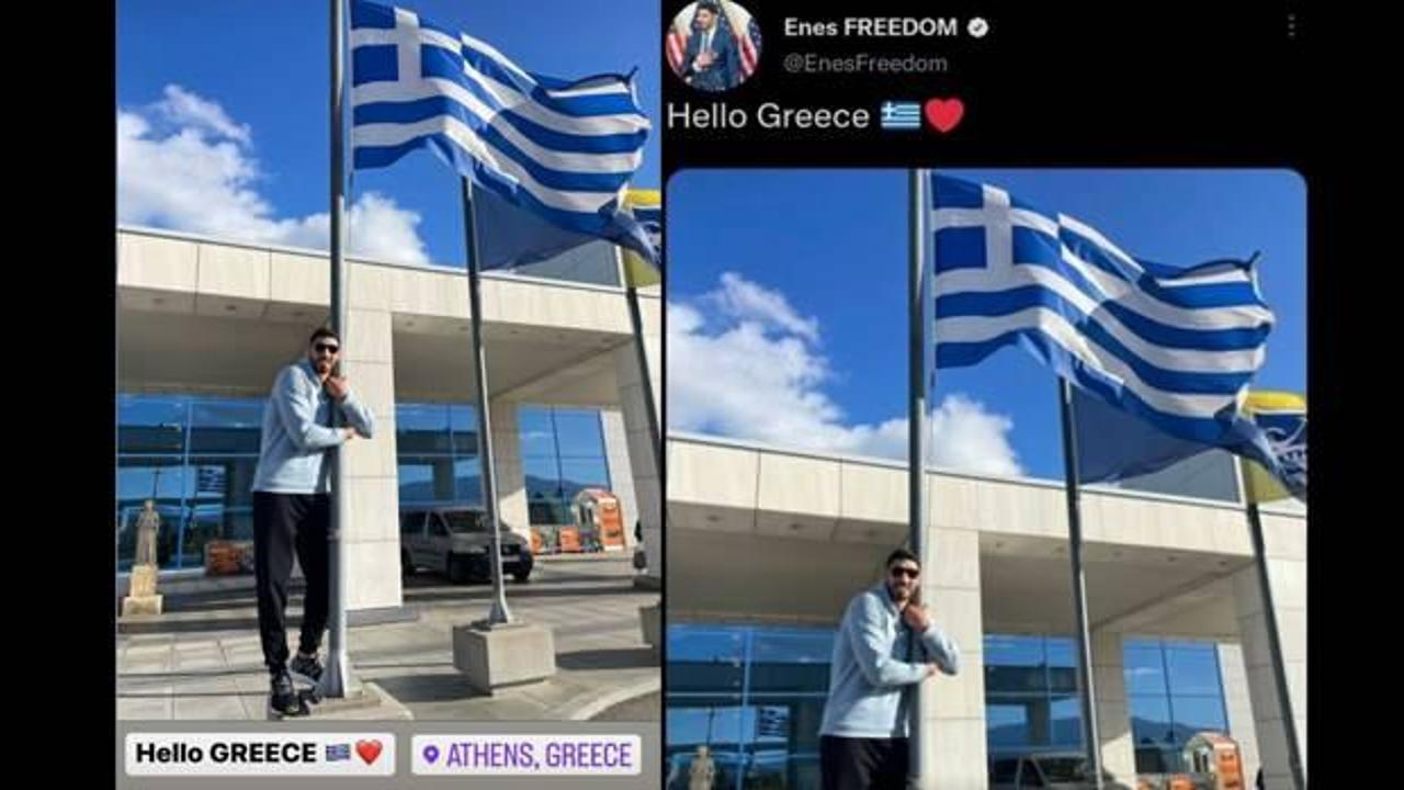 FETÖ'cü Enes Kanter, Yunan bayrak direğine sarıldı