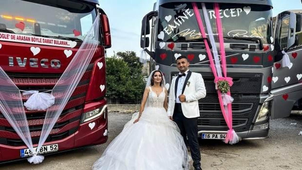 Tır s&uuml;r&uuml;c&uuml;s&uuml; &ccedil;ift mesleklerine uygun bir d&uuml;ğ&uuml;ne imza attı! Gelini g&ouml;renler şaştı kaldı