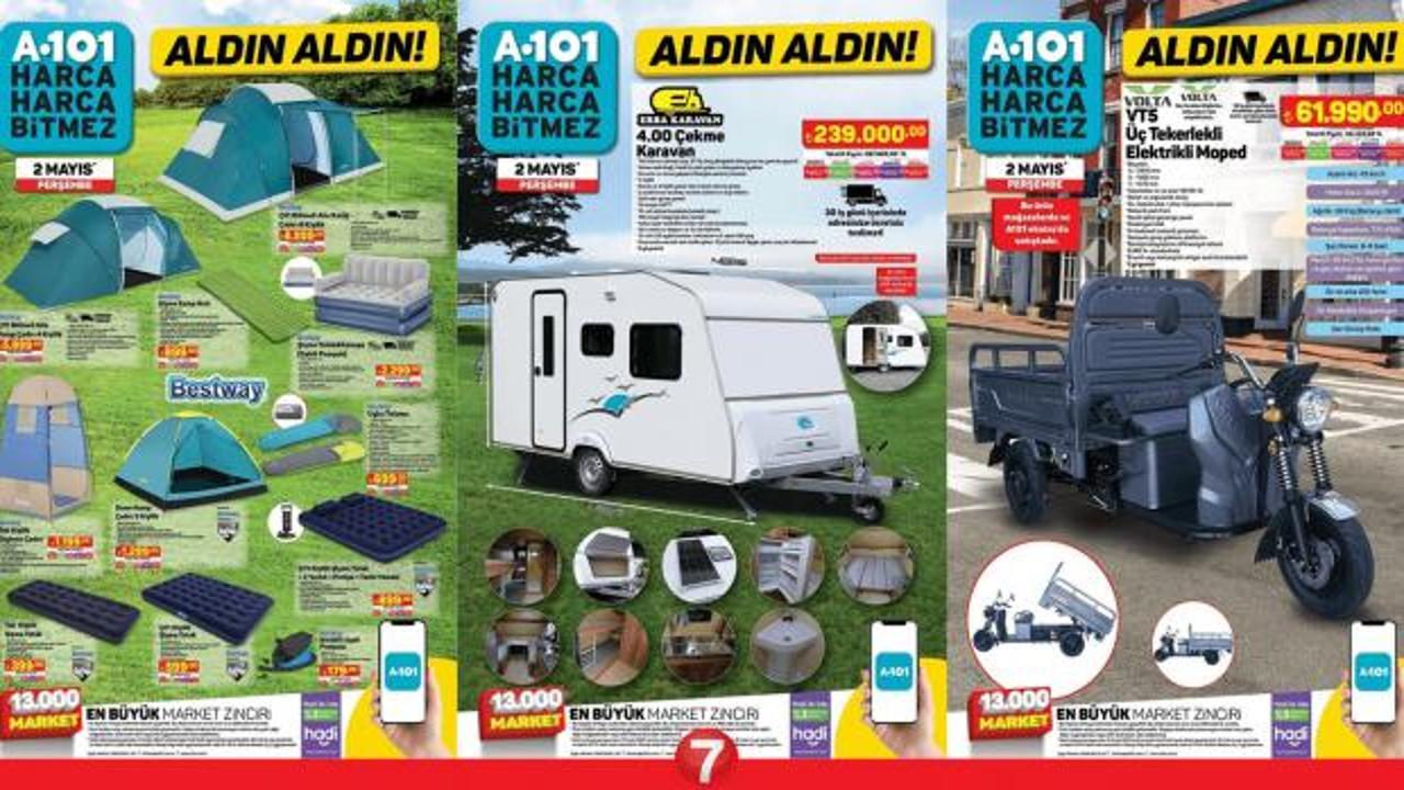 A101 Aktüel 3 Mayıs 2024 Kataloğu Yayınlandı! Çekme karavan, 4 kişilik çadır, uyku tulumu, kamp sandalyesi