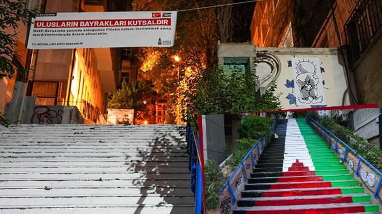 Cihangir'deki merdivenden Filistin Bayrağı kaldırıldı