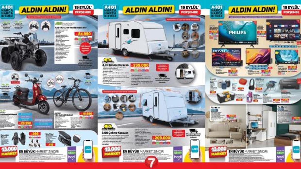 A101 Aktüel 19 Eylül 2024 Kataloğu! Çekme karavan, Off-Road ATV, elektrikli bisiklet, genç odası