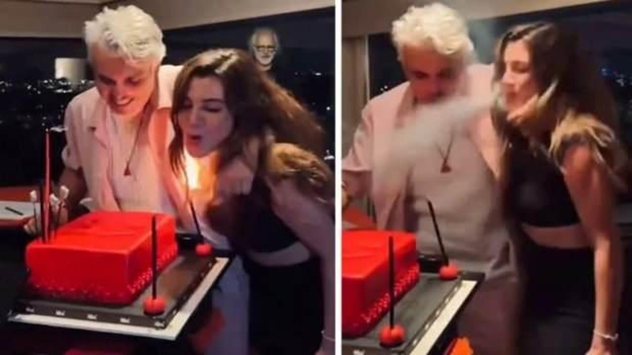 Ünlü oyuncunun saçları pasta üflerken yandı!