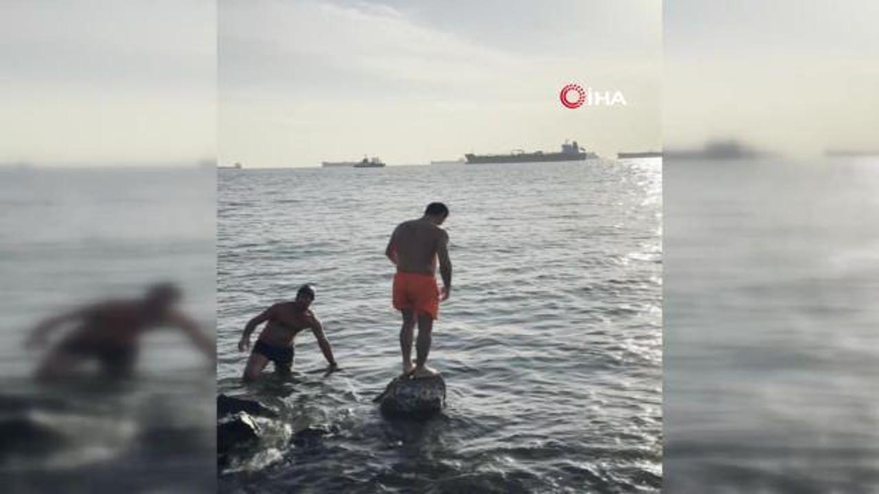 Avcılar&rsquo;da soğuk havada denize girdiler