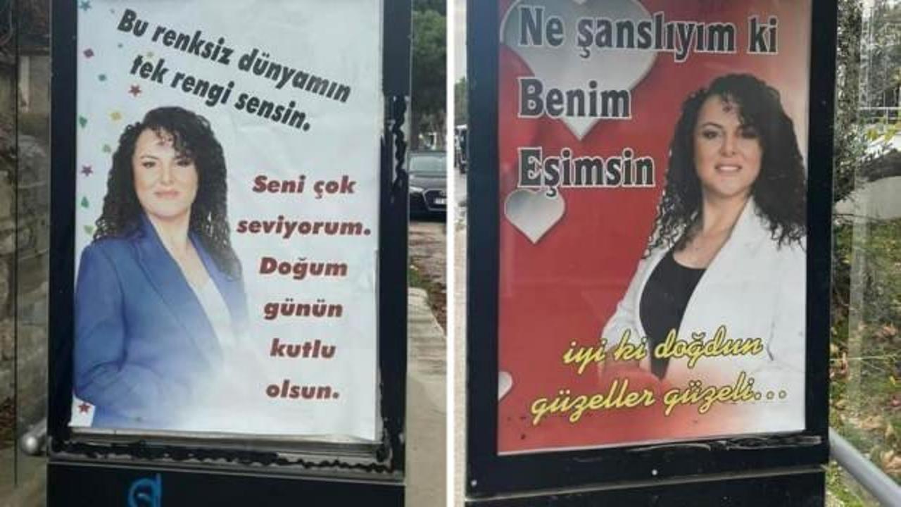 Eşinin doğum g&uuml;n&uuml;n&uuml; otob&uuml;s duraklarında ilan vererek kutladı