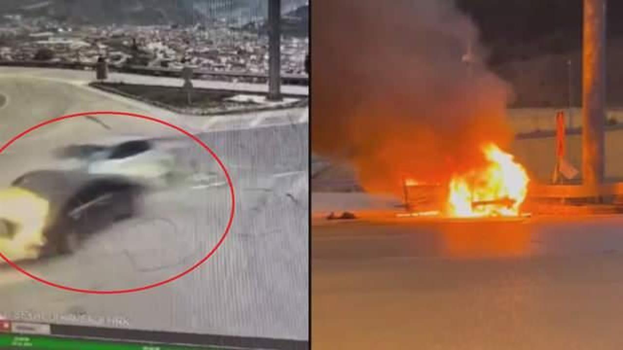 İki otomobil &ccedil;arpıştı, biri yandı! Feci kaza b&ouml;yle g&ouml;r&uuml;nt&uuml;lendi