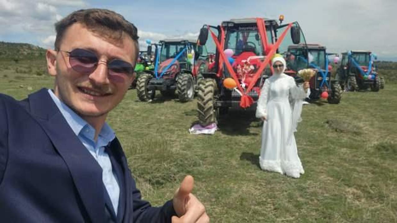 Gelin ve damat &ccedil;ift&ccedil;i olunca, trakt&ouml;r de gelin arabası oldu