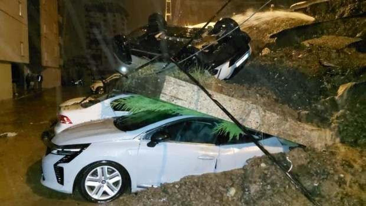 Samsun'da istinat duvarı araçların üzerine devrildi