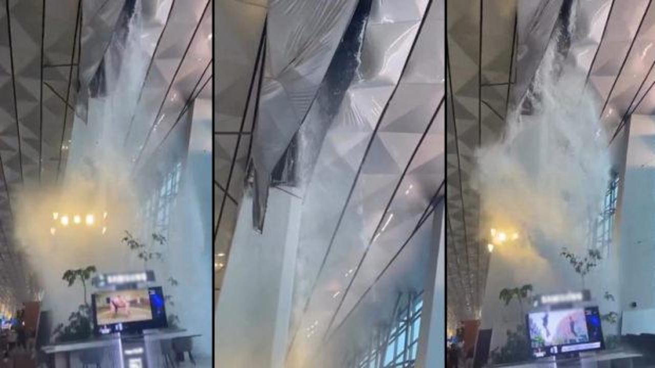 Şiddetli yağış y&uuml;z&uuml;nden havalimanı &ccedil;atısı &ccedil;&ouml;kt&uuml;