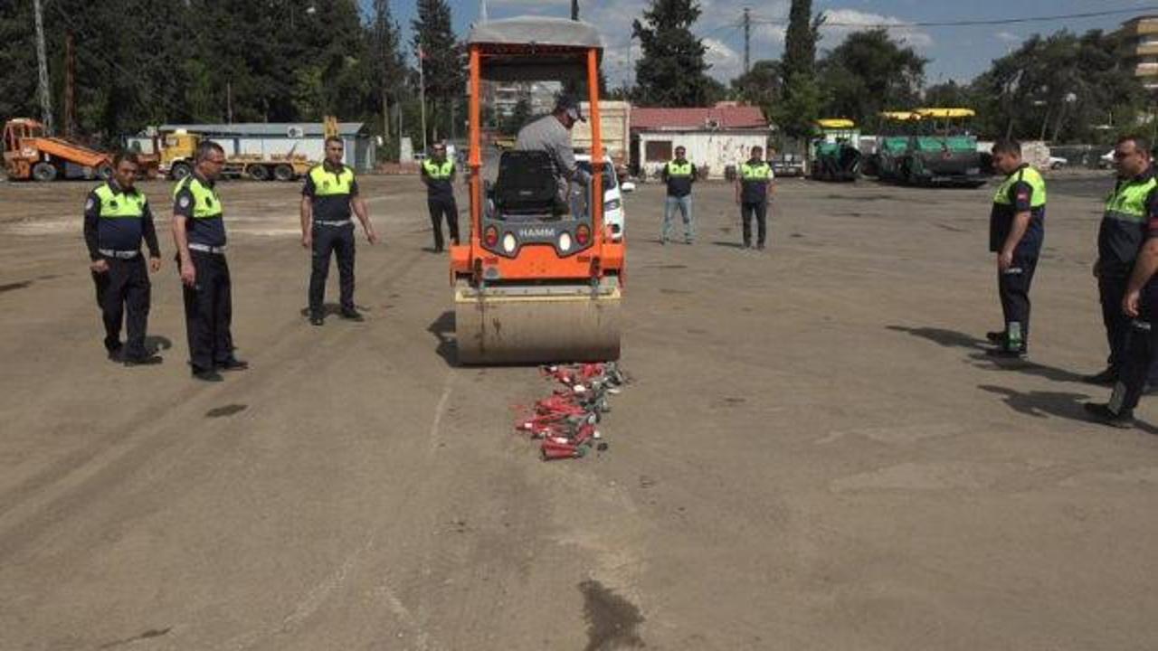 Havalı kornalar silindir ile imha edildi