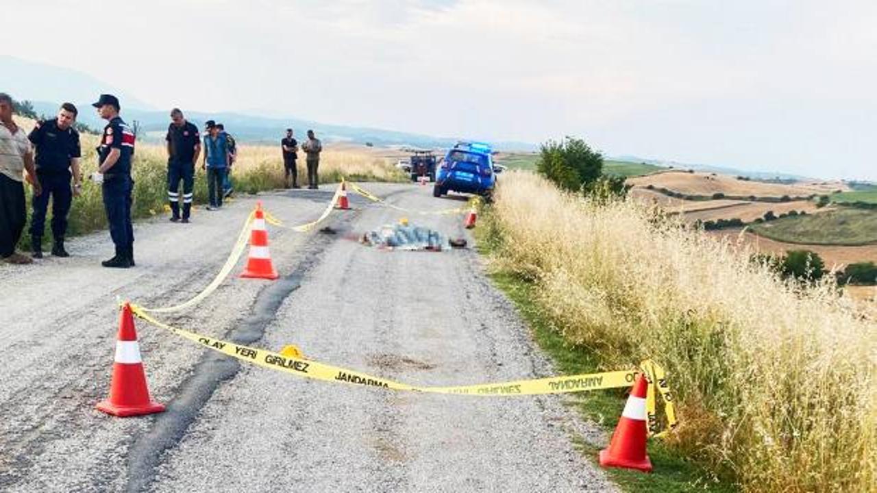 Aydın'da silahlı saldırı sonucu hayatını kaybeden baba ve oğlunun bulunduğu tarlada inceleme yapan jandarma ekipleri.