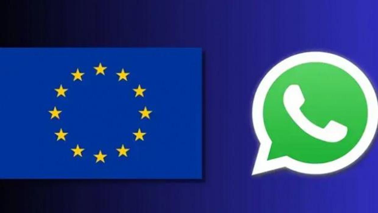 Avrupa Birliği Komisyonu binası önünde duran bir kişi, elinde WhatsApp logosu ve yapay zeka sembolü olan bir tablet tutuyor.