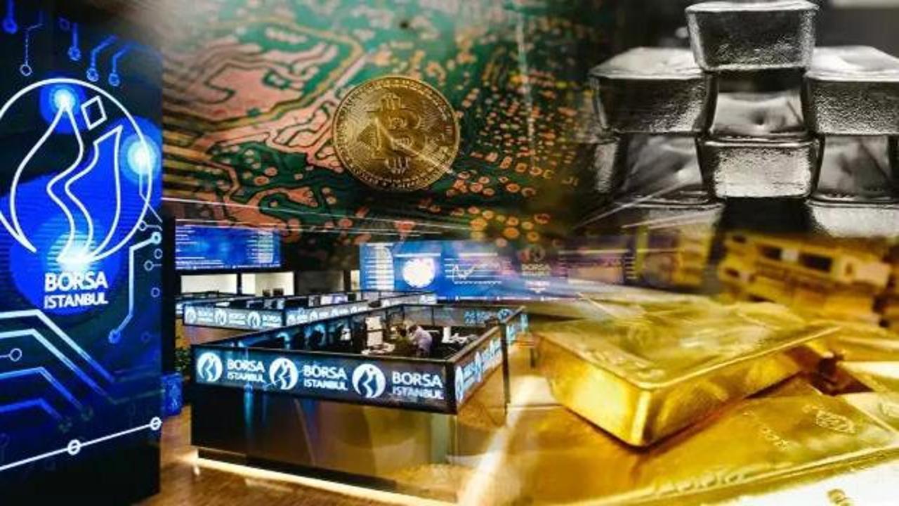 Ekonomik piyasaları gösteren grafikler ve altın ile borsa sembolleri.