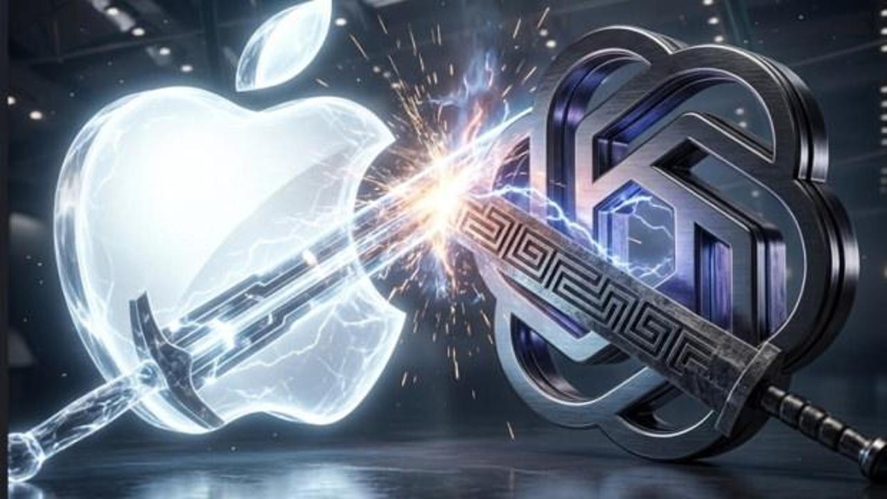 Apple logosu ve OpenAI logosunun yanında dava dosyası görseli.