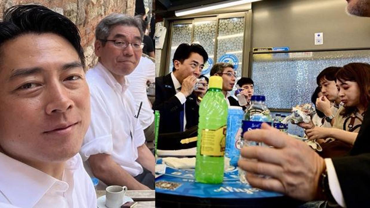 Japonya Dışişleri Bakanı Motegi Toşimitsu Türk kahvesi içerken.