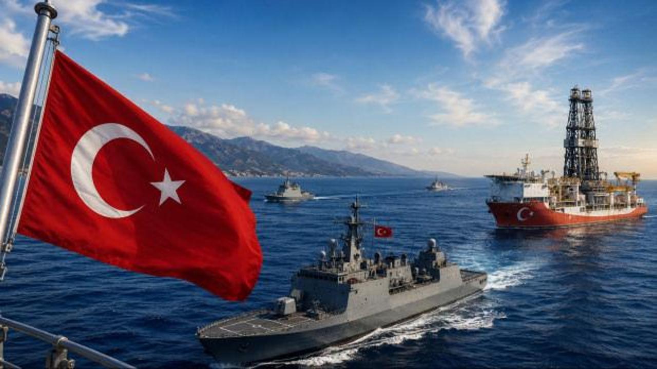 Türk bayrağı ve gemilerin yer aldığı Mavi Vatan görseli.