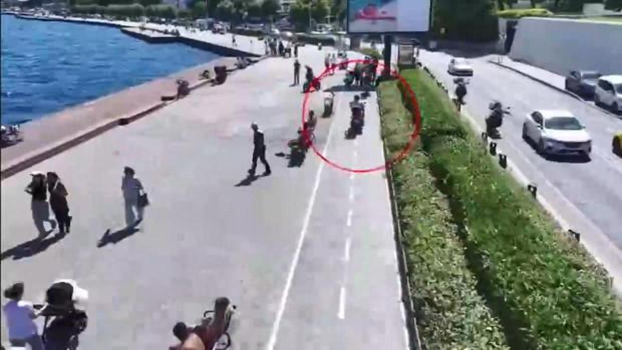 Motosiklet sürücülerine yönelik dron destekli trafik denetiminden bir görüntü.