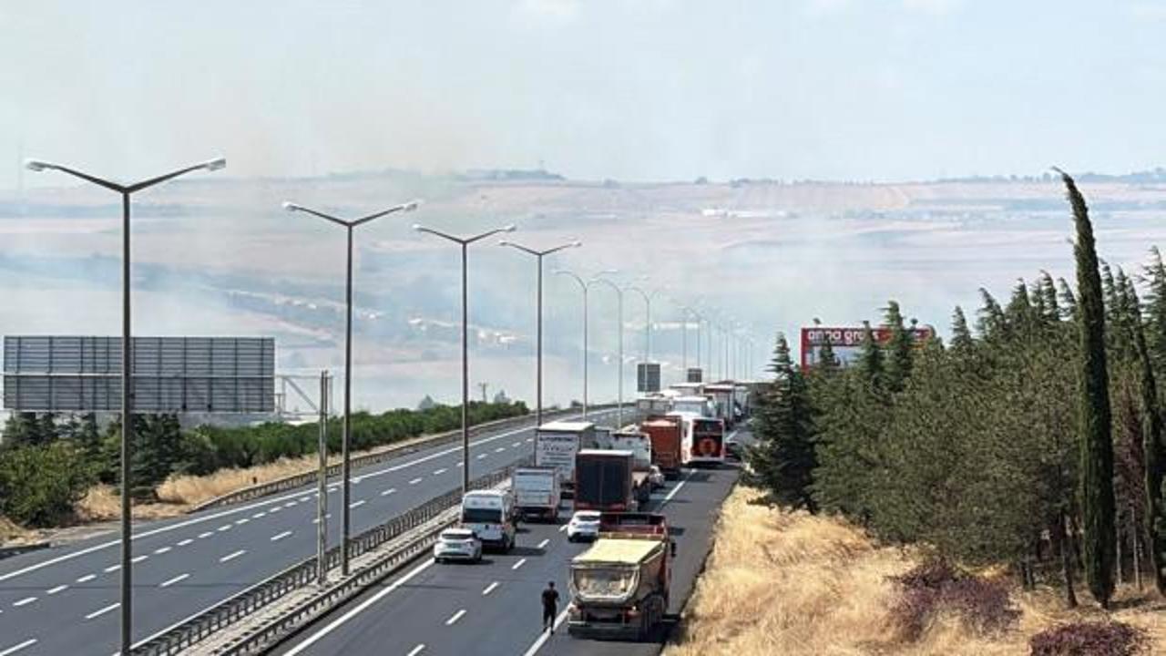 Silivri'de tarla yangını b&uuml;y&uuml;d&uuml;: TEM otoyolunda trafik durdu!