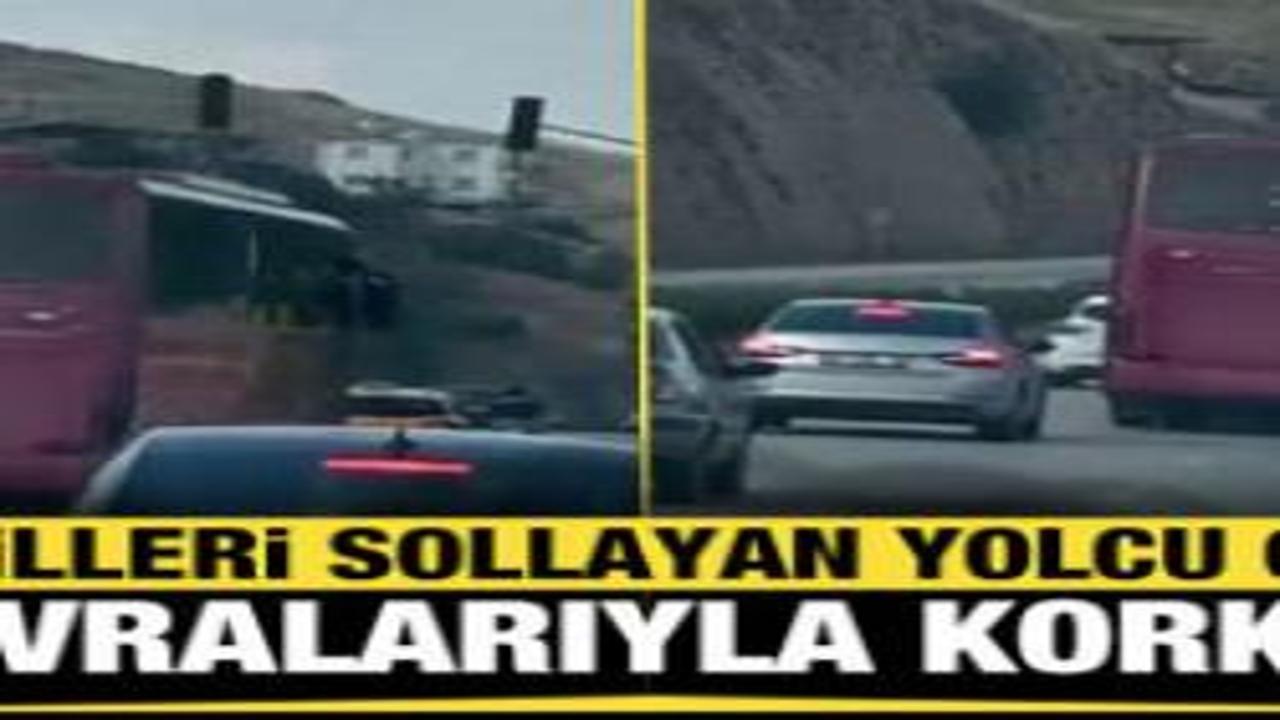 Hatay'da kornaya basarak otomobilleri sollayan yolcu otobüsü, manevralarıyla korkuttu