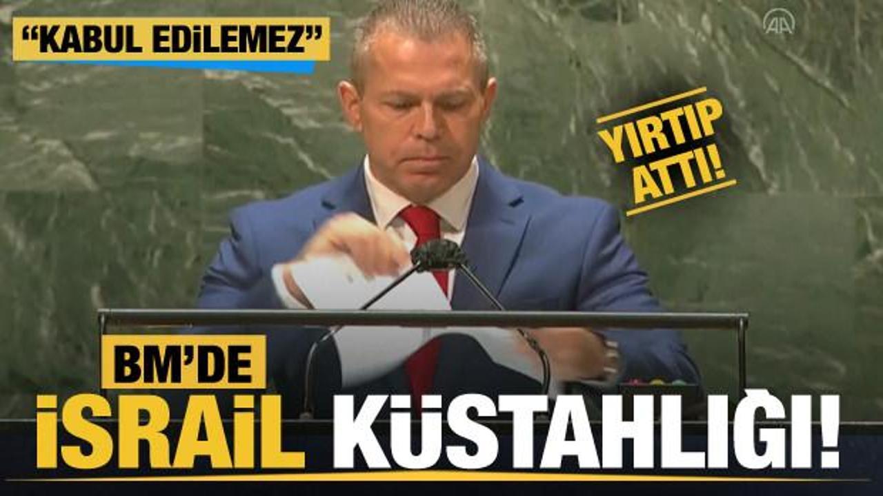 İsrail'in Birleşmiş Milletler Daimi Temsilcisi Gilad Erdan kürsüde BM raporunu yırttı!