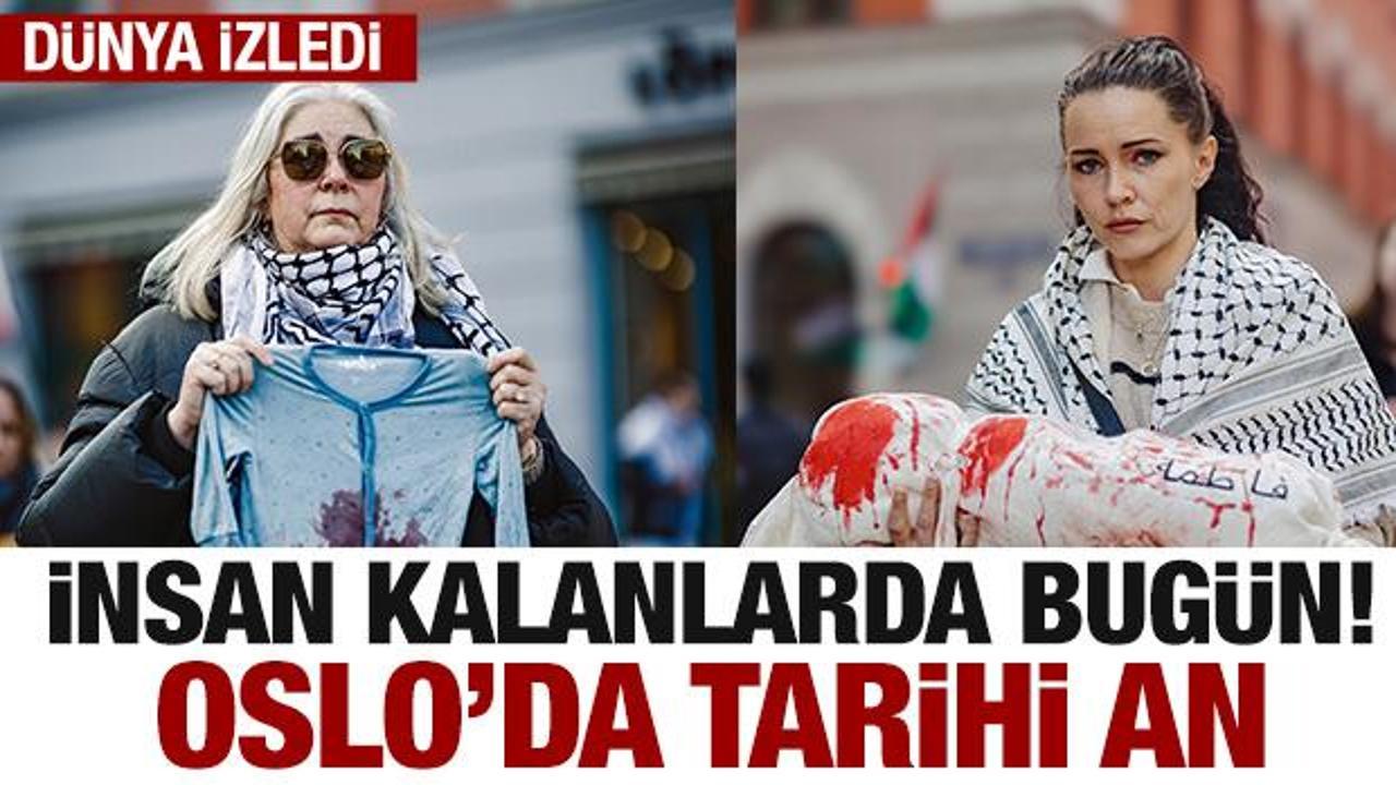 Norve&ccedil;'te kanlı kefenli Gazze protestosu
