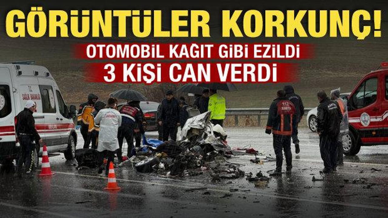 Adıyaman'da korkun&ccedil; kaza! Otob&uuml;s otomobili kağıt gibi ezdi: 3 &ouml;l&uuml;, 1 yaralı