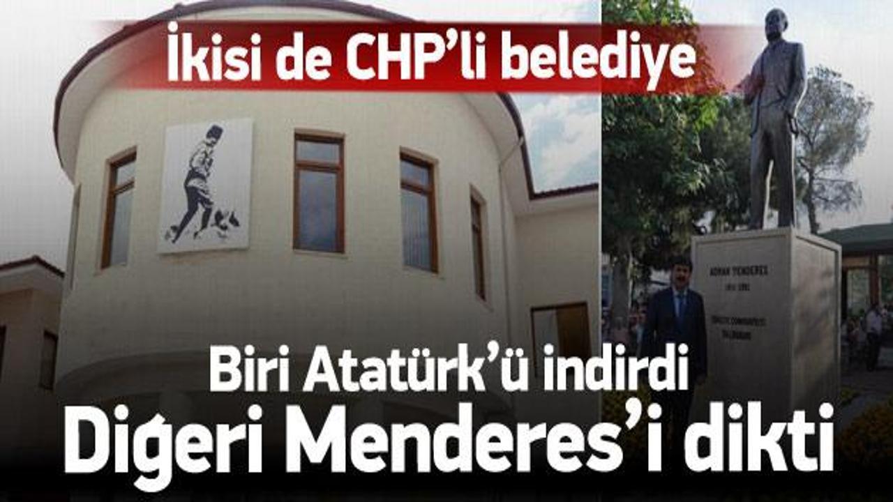 Biri Atatürk'ü indirdi biri Menderes heykeli dikti