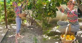 Şarkıcı Tuğba Özerk kendi bahçesindeki ağaçtan limon topladı!
