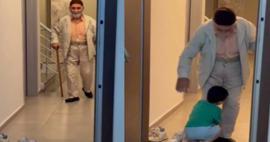 Dede sevgisiyle yerinde duramadı: Minik &ccedil;ocuk ayaklarına kapanarak sevgisini b&ouml;yle g&ouml;sterdi