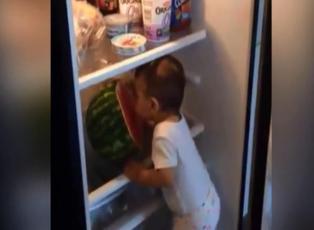 Buzdolabından karpuz aşıran minik