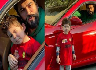 Burak Özçivit ve oğlu Karan'dan göz kamaştıran pozlar! Kırmızı Ferrari önünde...